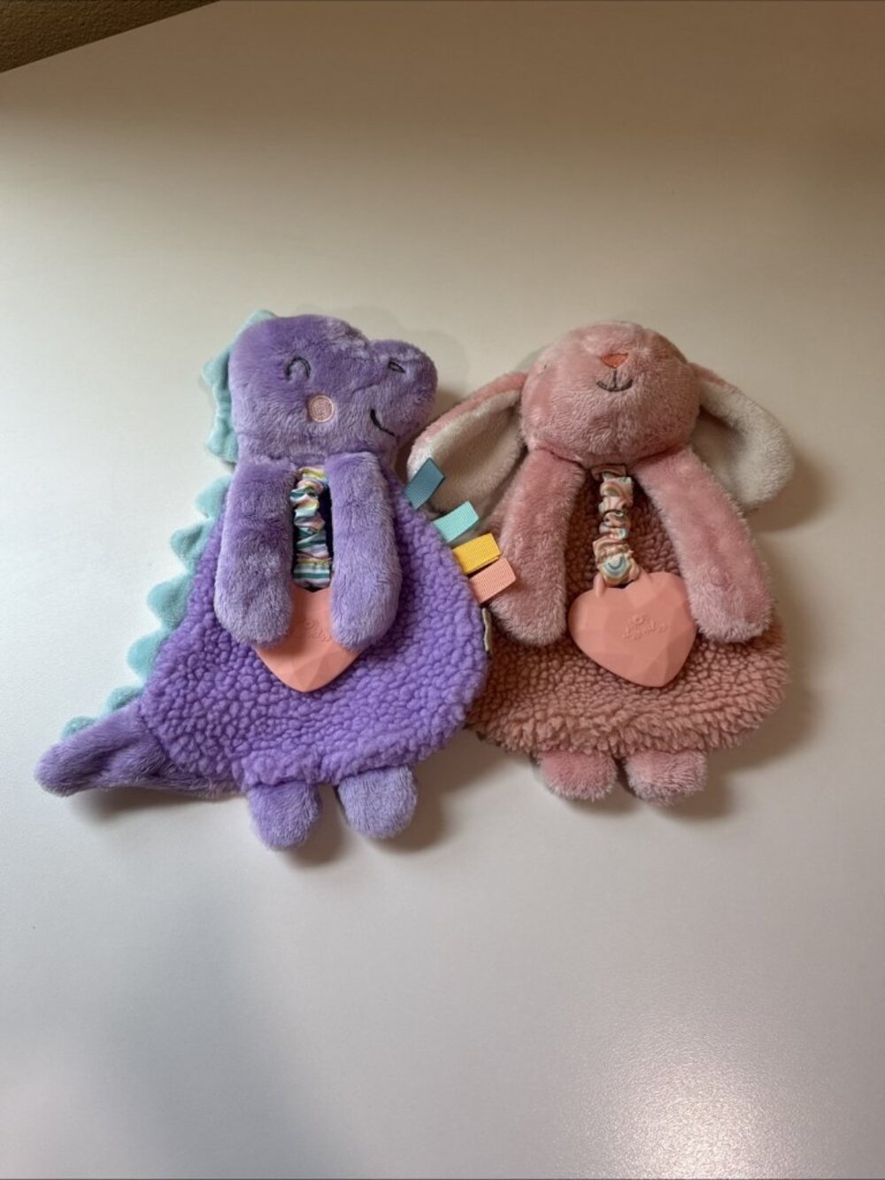 2 ITZY RITZY Pink Bunny & Purple Dino Lovey 9” Plush Toy Security Crinkle Taggie